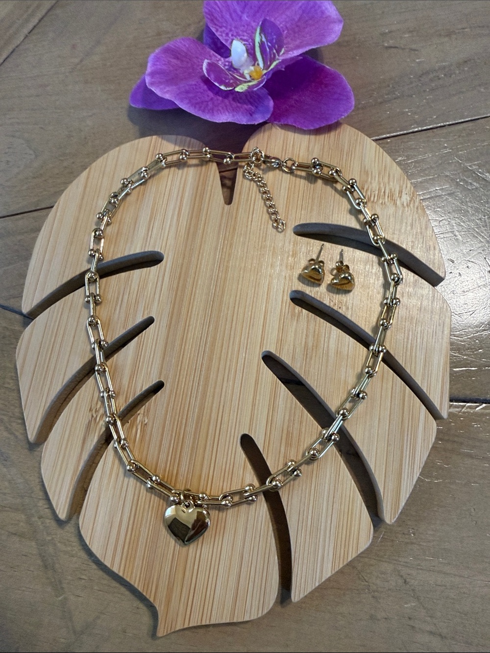 Gold Heart Charm Necklace and Stud Earrings - Women's Jewelry